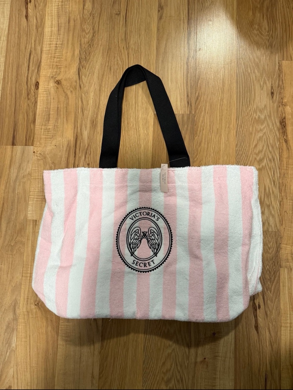 Victoria's Secret Pink and White Striped Tote with Black Handles
